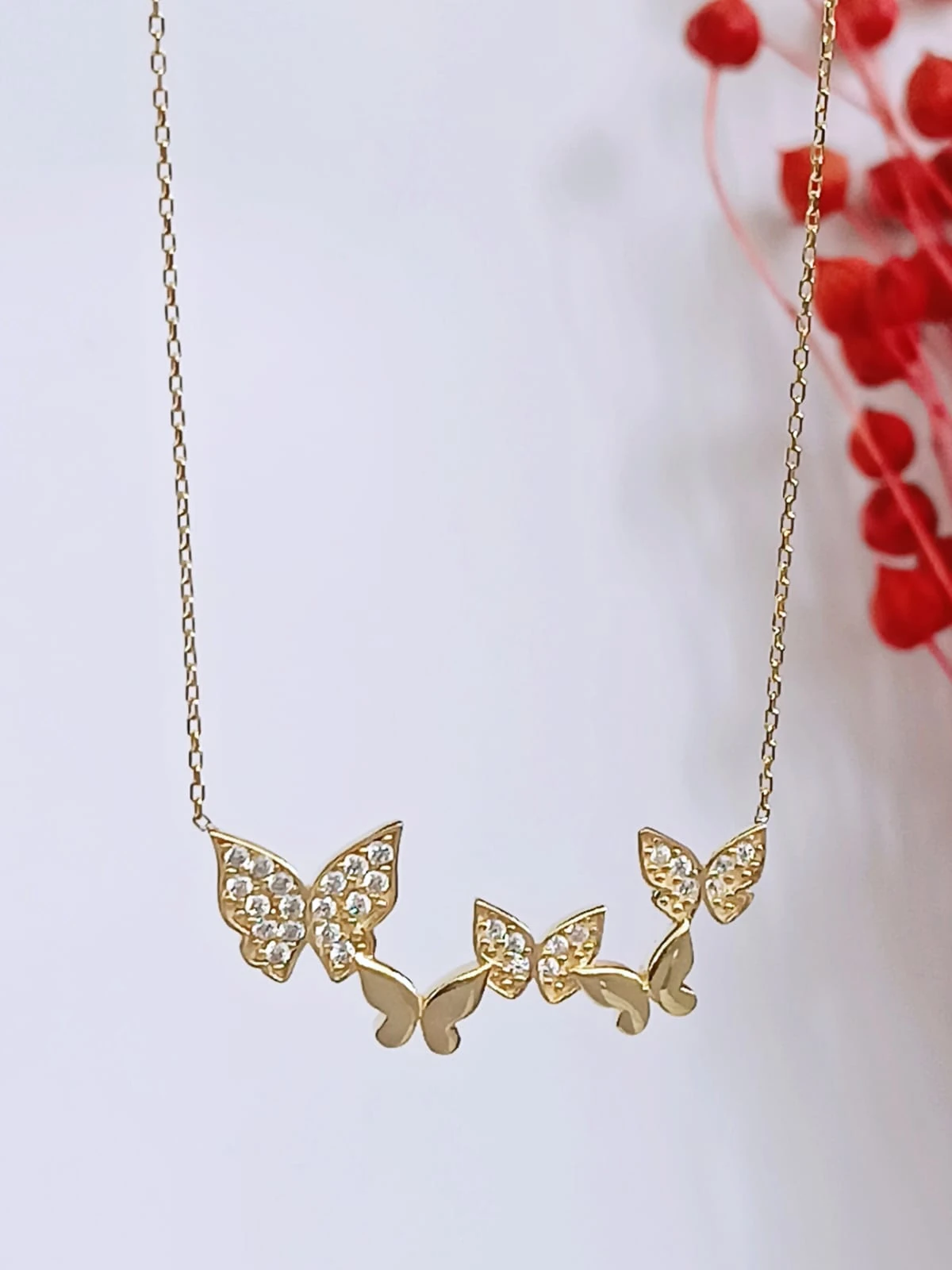 925 AyaR Gümüş Zirkon Taşlı Kelebekler Kolye