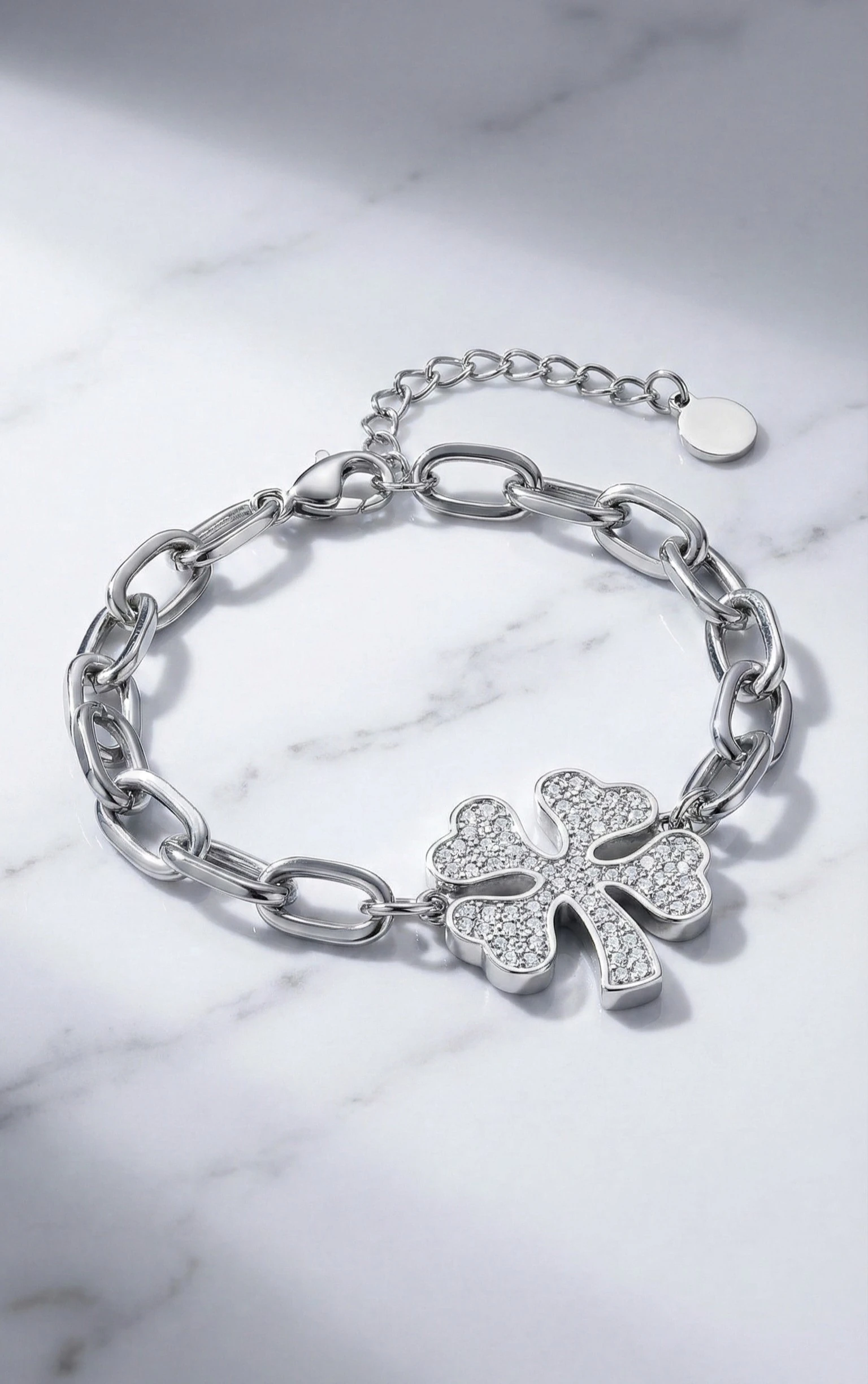 Premium Çelik Taşlı Yonca Zincir Bileklik