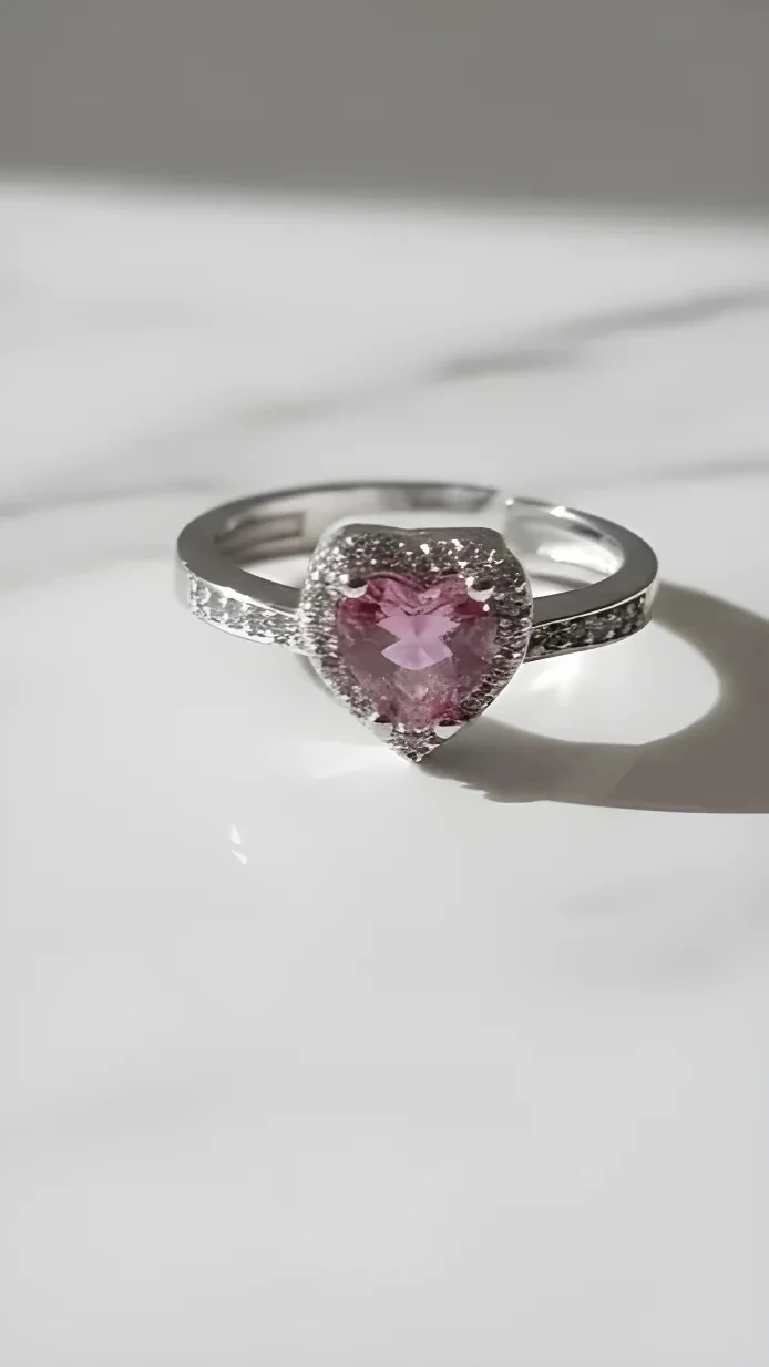 ✨ Kalp Kesim Pembe Taşlı Çelik Kolye & Yüzük Seti