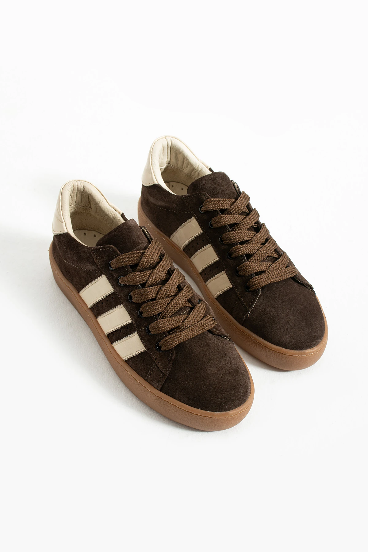 Hakiki Deri Kadın Sneaker Kahverengi , Bağcıklı Şerit Detaylı Günlük Spor Ayakkabı