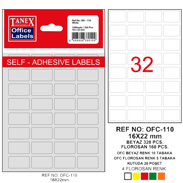 Tanex Ofis Etiketi Poşetli 16x22 MM Beyaz OFC-110