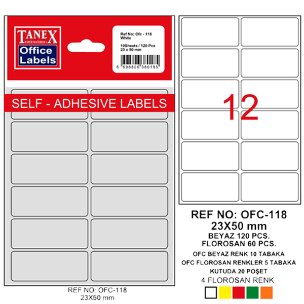 Tanex Ofis Etiketi Poşetli 23x50 MM Beyaz OFC-118