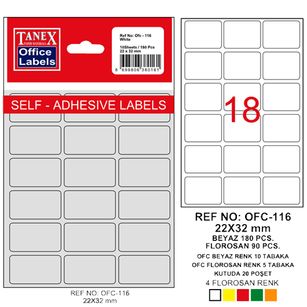 Tanex Ofis Etiketi Poşetli 22x32 MM Beyaz OFC-116