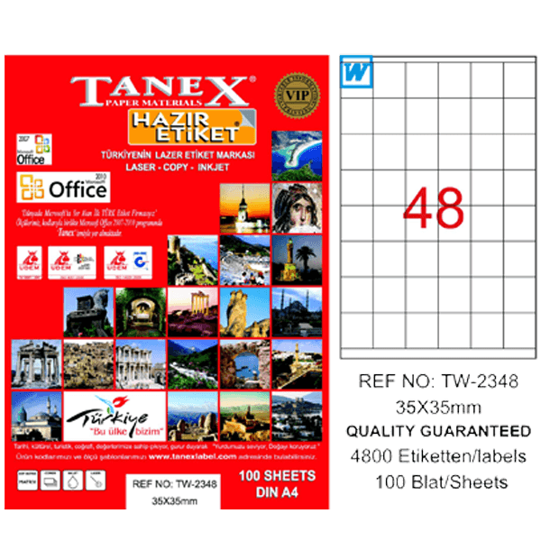 Tanex Laser Etiket 100 YP 35x35 MM Laser-Copy-Inkjet TW-2348