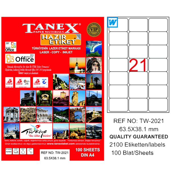 Tanex Laser Etiket 100 YP 63x38 MM Laser-Copy-Inkjet TW-2021