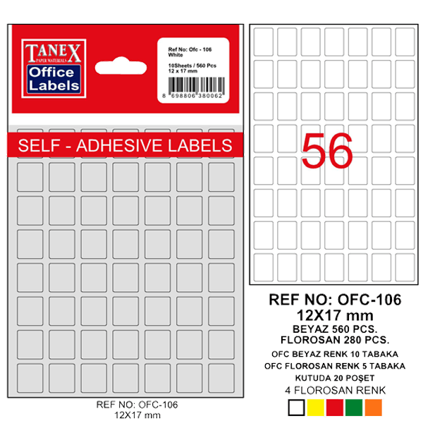 Tanex Ofis Etiketi Poşetli 12x17 MM Beyaz OFC-106