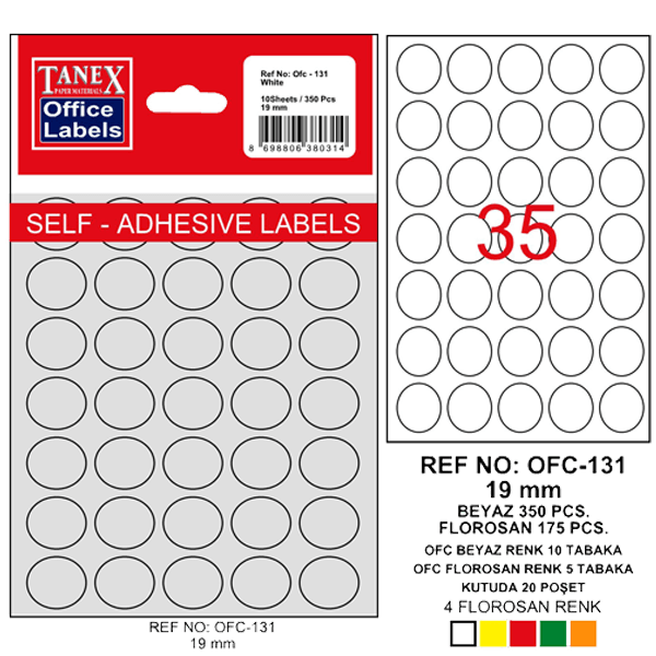 Tanex Ofis Etiketi Poşetli Yuvarlak 19 MM Beyaz OFC-131