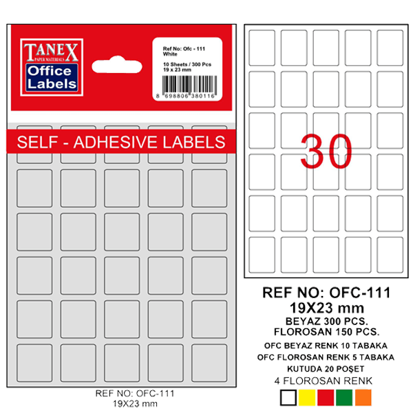 Tanex Ofis Etiketi Poşetli 19x23 MM Beyaz OFC-111