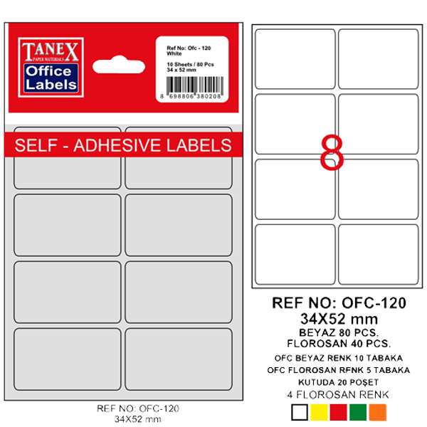 Tanex Ofis Etiketi Poşetli 34x55 MM Beyaz OFC-120