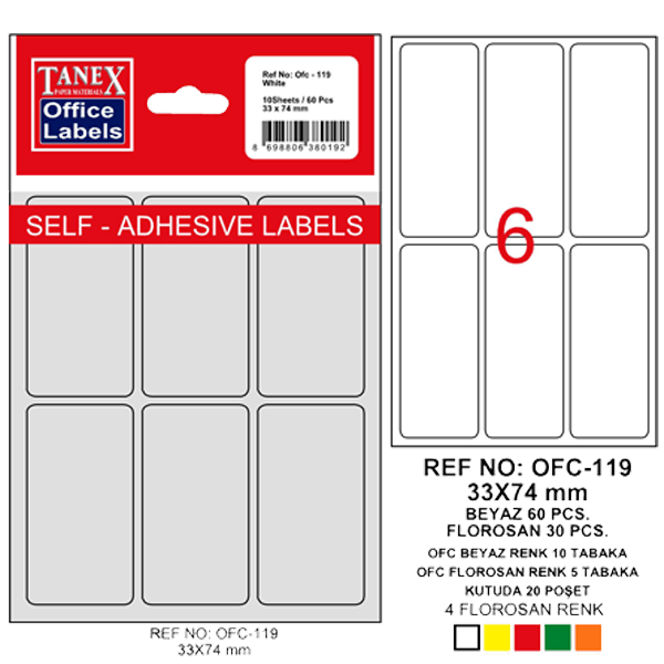 Tanex Ofis Etiketi Poşetli 33x74 MM Beyaz OFC-119