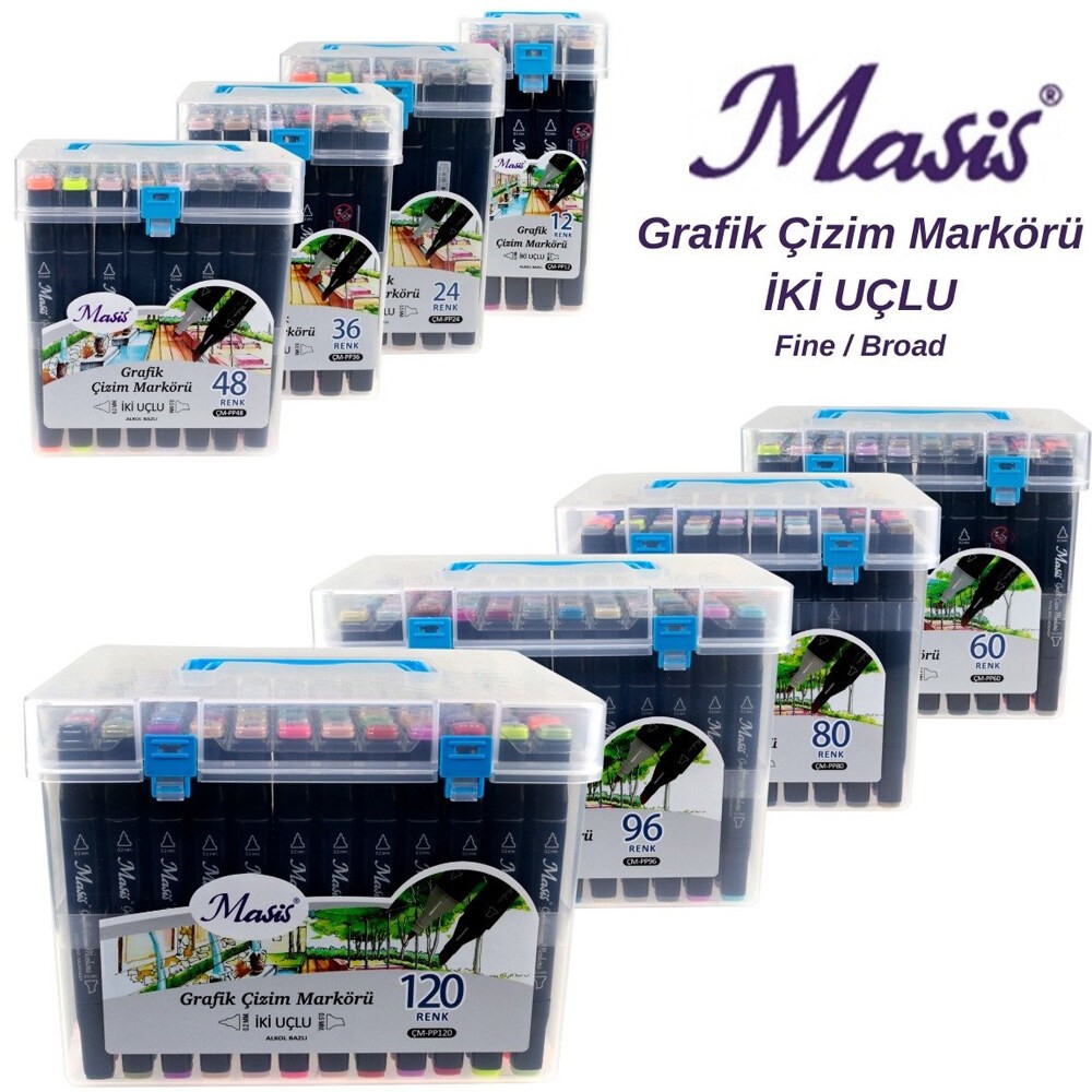 Masis Grafik Çizim Markörü İki Uçlu 12 Renk PP 