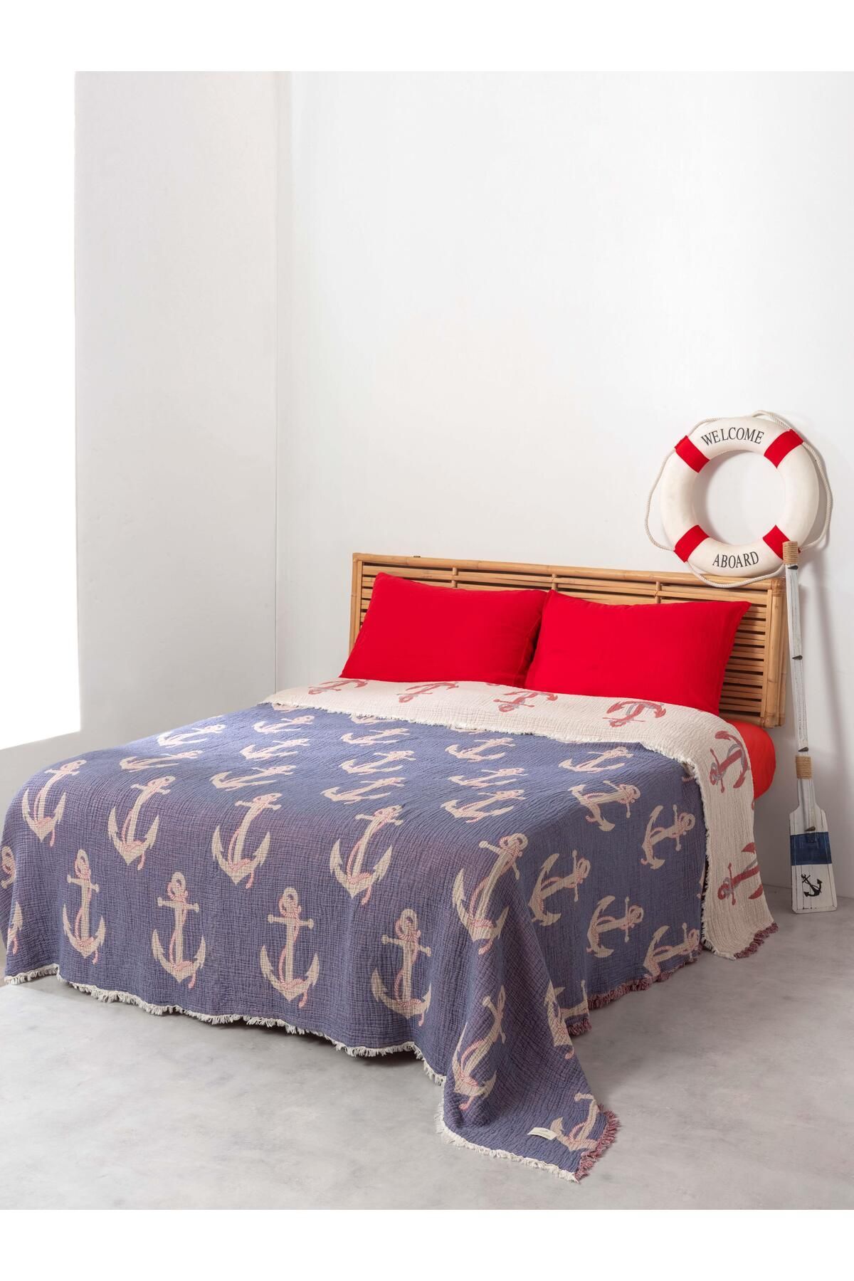 Mylasahome Müslin 4 Katlı Çapa Desenli (JAKARLI) Yatak Örtüsü Çift Kişilik 220x240cm