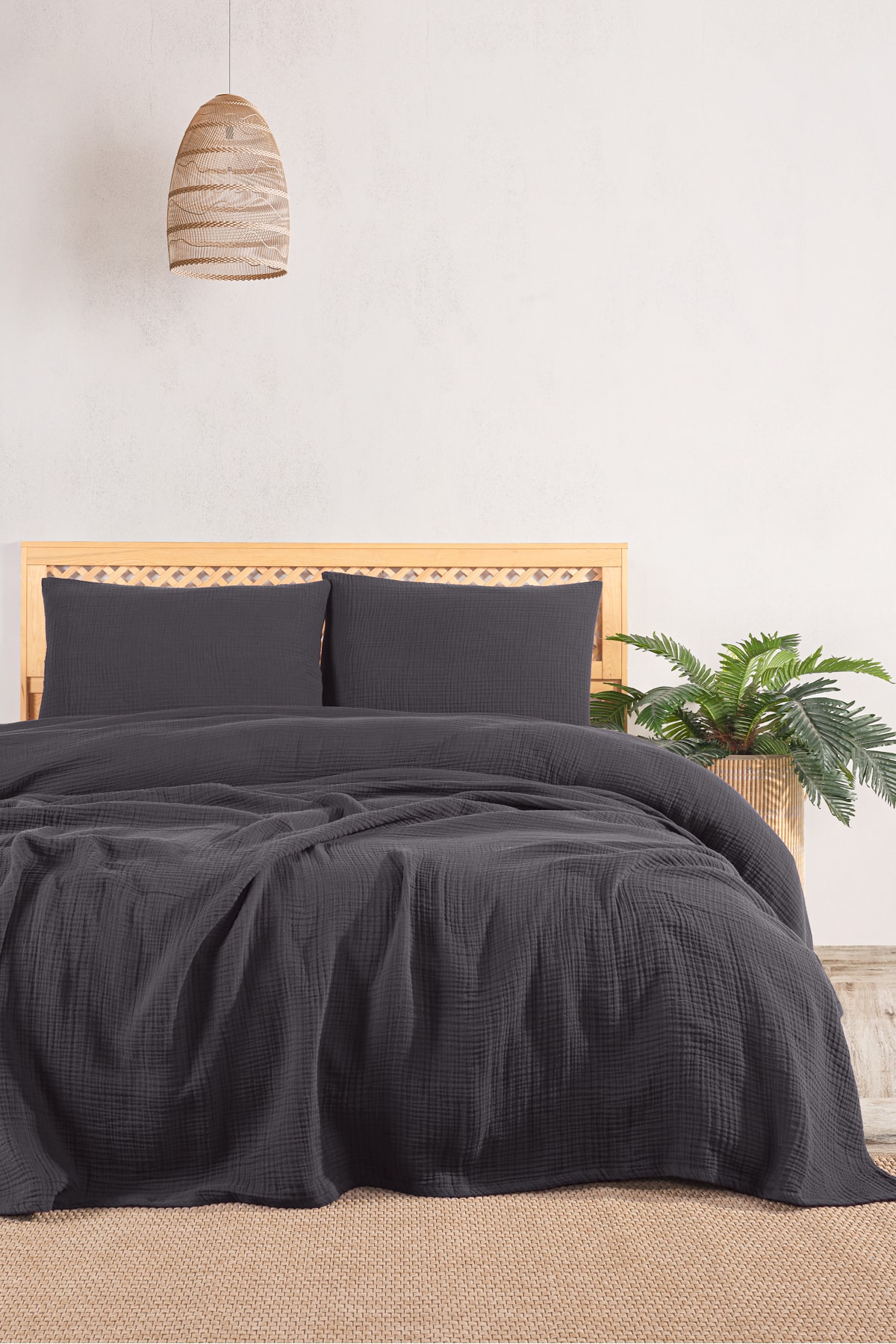 Müslin Tek Kişilik Yatak Örtüsü Seti 180 X 230 Cm, 2 Parça, Yazlık Yastık Kılıfı Ve Pike Takımı - antrasit