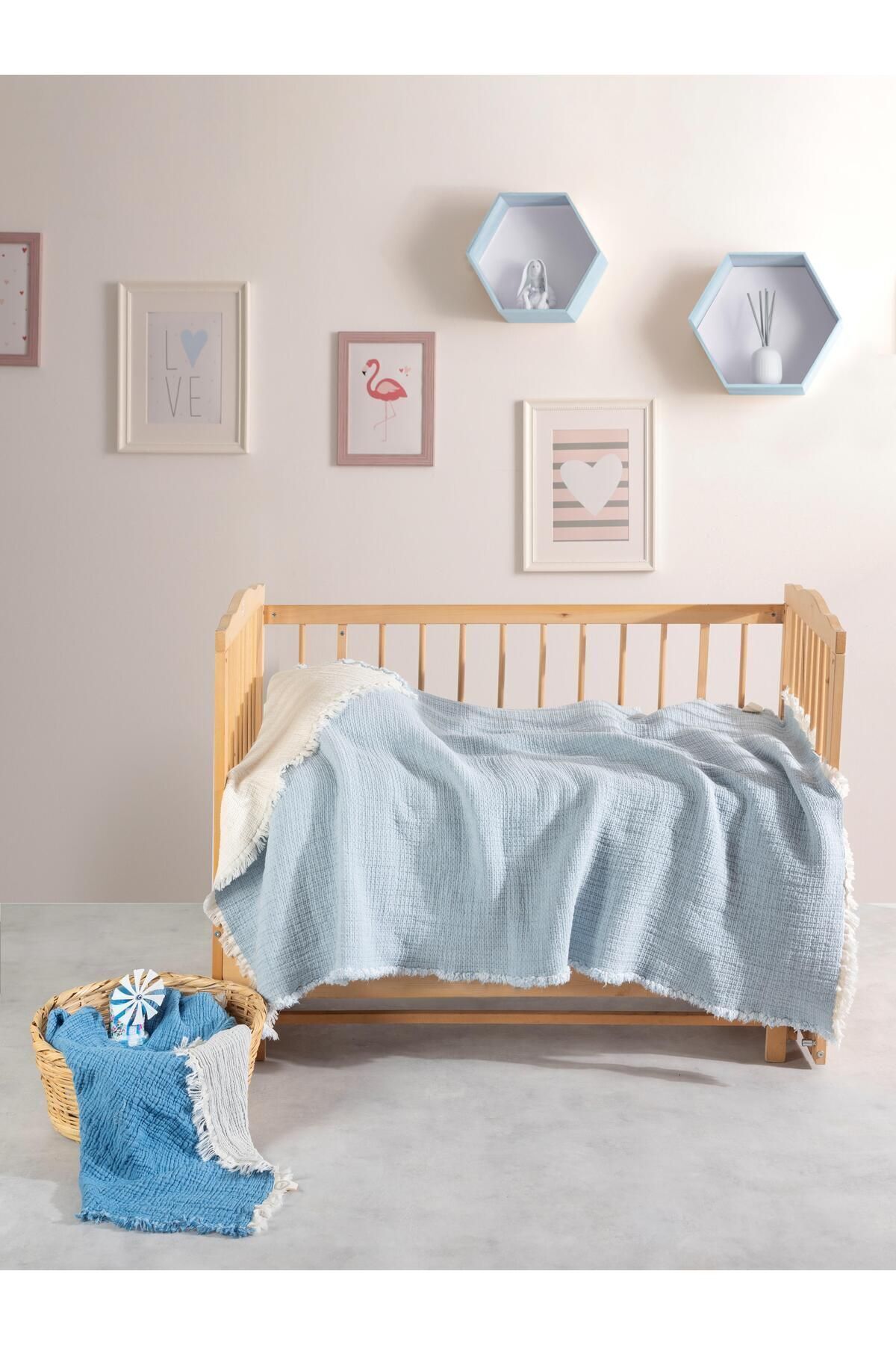 Kosha Serisi Müslin Gri Bebek Yorganı 100 X 150cm - mavi