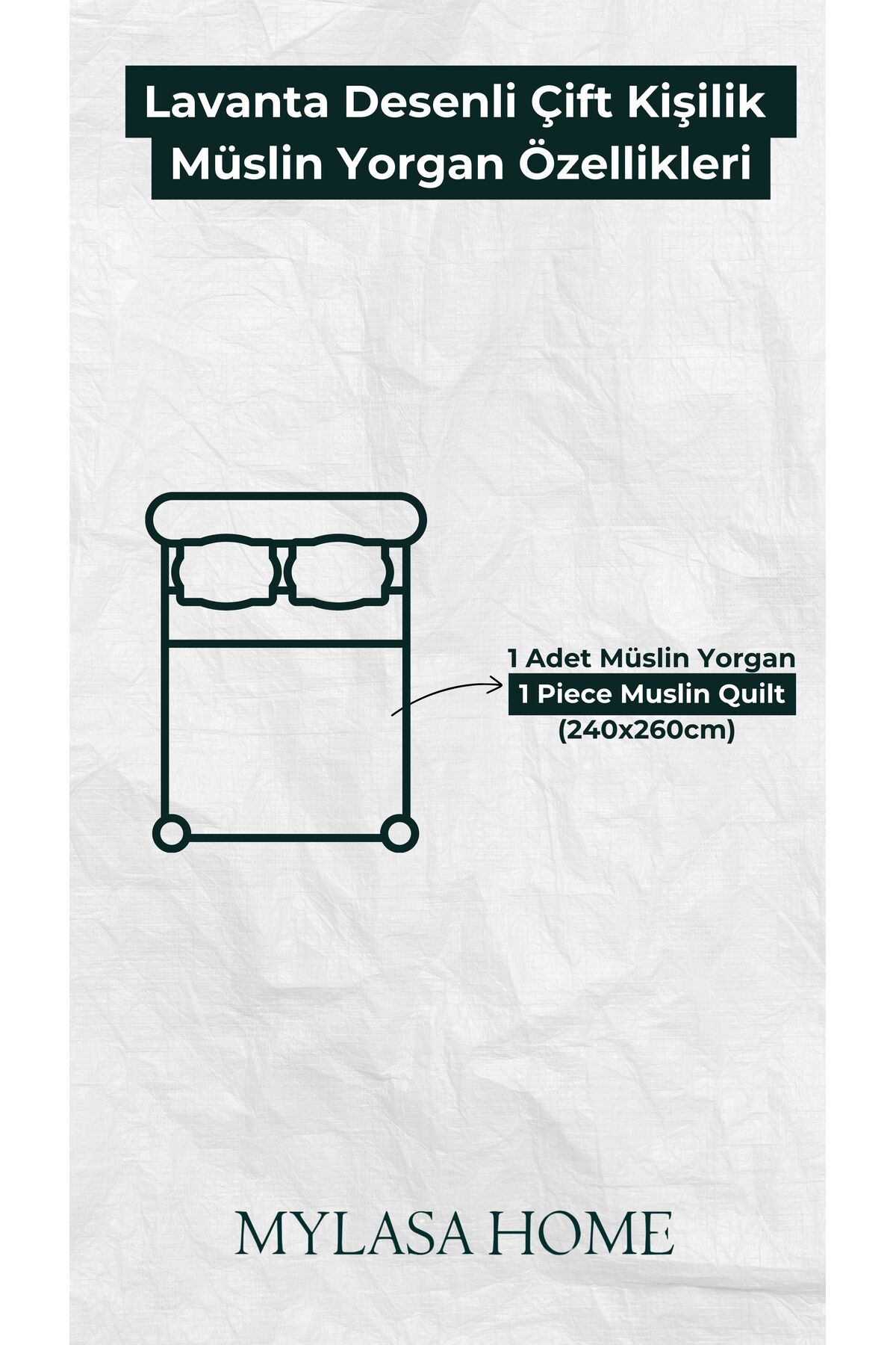 MylasaHome 4 Katlı Müslin Lavanta Desenli Çift Kişilik Yatak Örtüsü 220 x 240