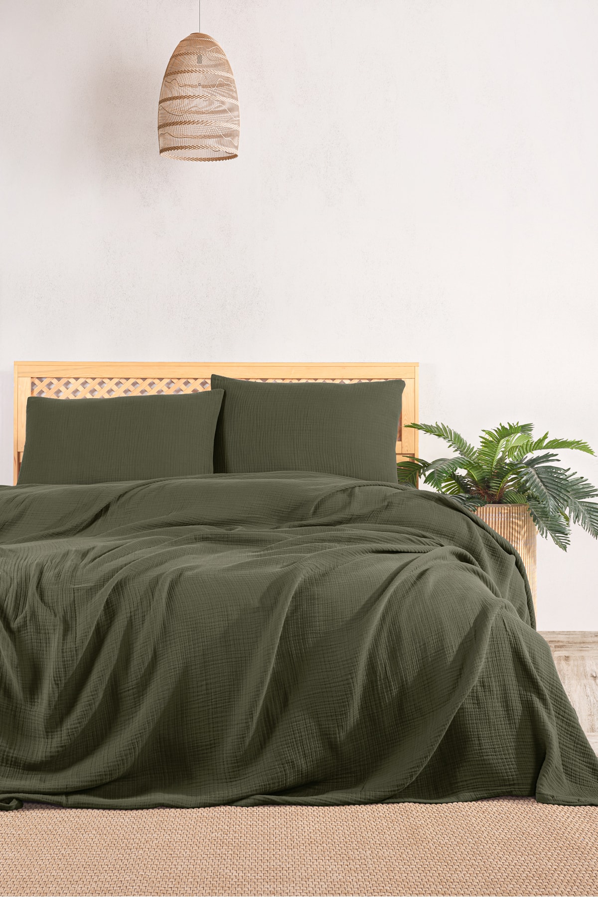 4 Katlı Müslin Çift Kişilik Yatak Örtüsü Seti-230x250 Cm,yazlık Pike & Yastık Kılıfı (3 PARÇA)-bej - koyu yeşil