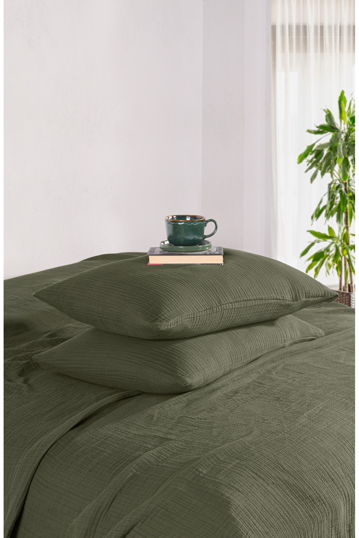 2'li 4 Katlı Müslin Yastık Kılıfı - 50x70 Cm %100 Pamuk Ütü Gerektirmez-haki