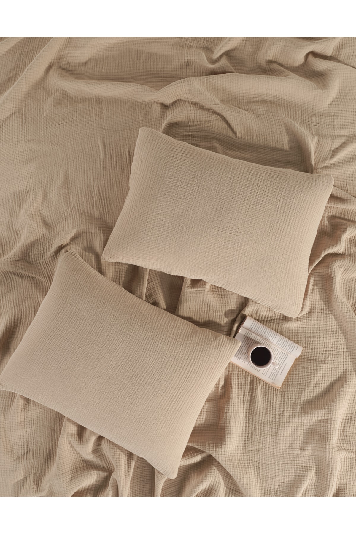 4 Katlı Müslin Çift Kişilik Yatak Örtüsü Seti-230x250 Cm,yazlık Pike & Yastık Kılıfı (3 PARÇA)-bej