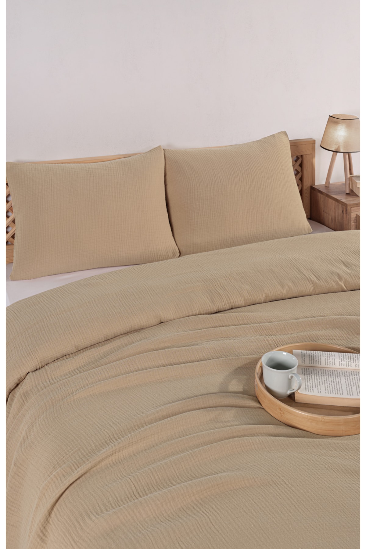 4 Katlı Müslin Çift Kişilik Yatak Örtüsü Seti-230x250 Cm,yazlık Pike & Yastık Kılıfı (3 PARÇA)-bej