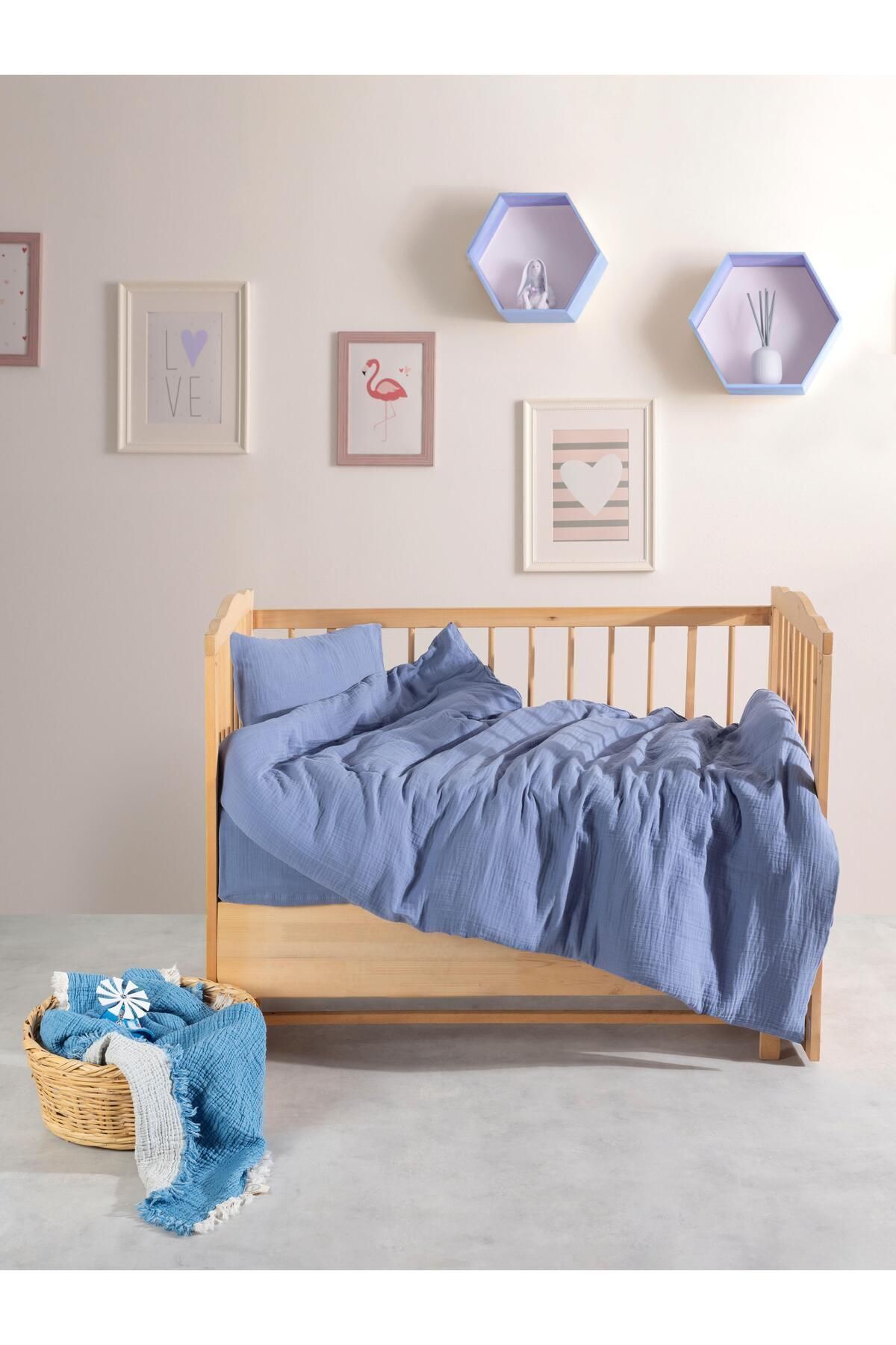 Müslin %100 Doğal Pamuk Gri Bebek Nevresim Seti 100 X 150cm - koyu mavi