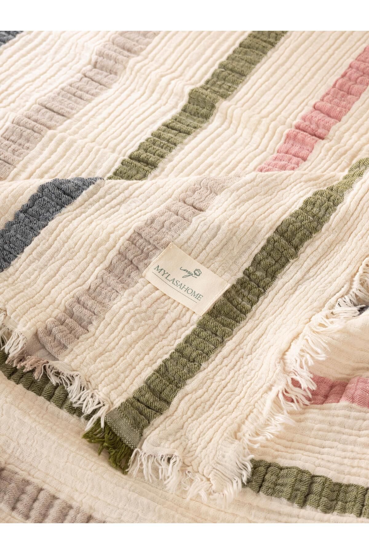 Müslin 4 Katlı Çizgili Yatak Örtüsü Çift Kişilik