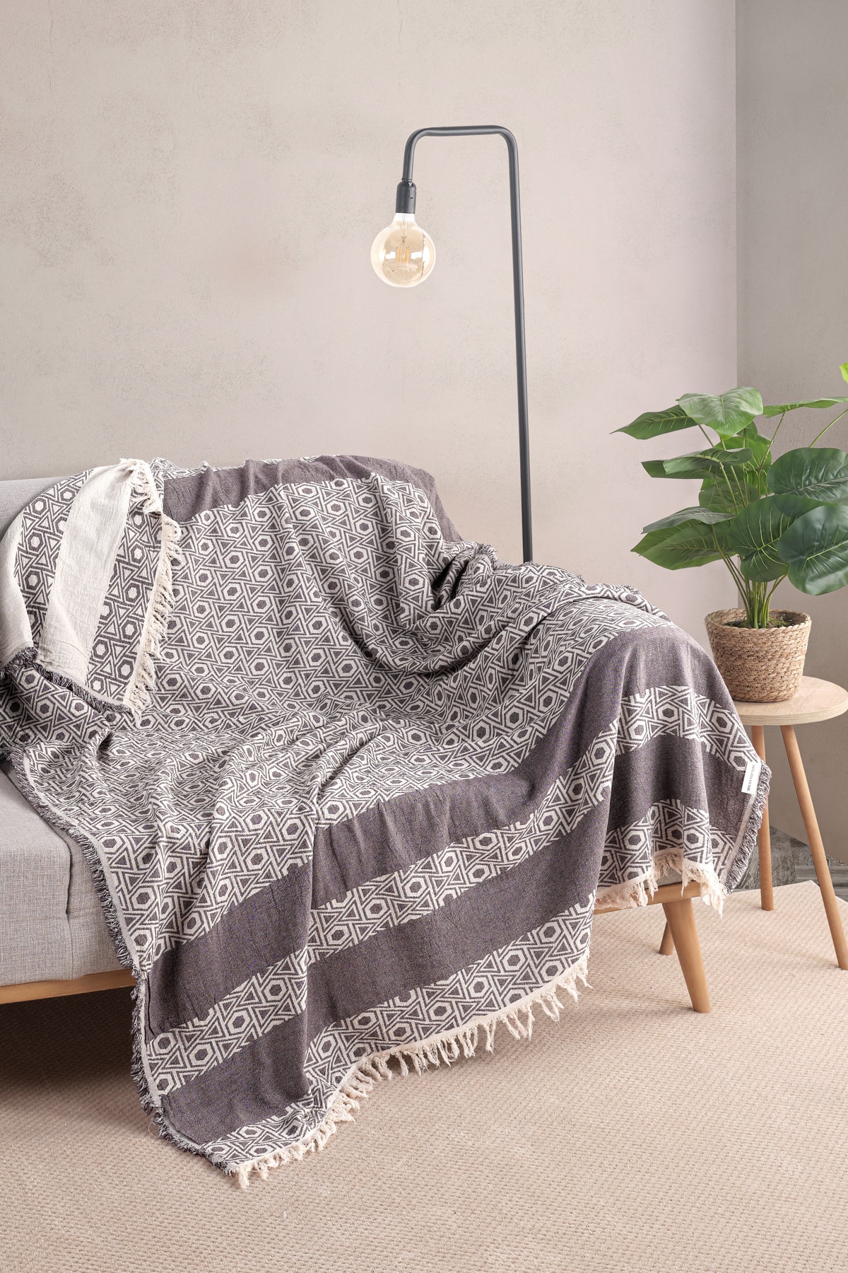 %100 Pamuk Signet Desenli Çok Amaçlı Koltuk Örtüsü 130x170 cm - midnight plum