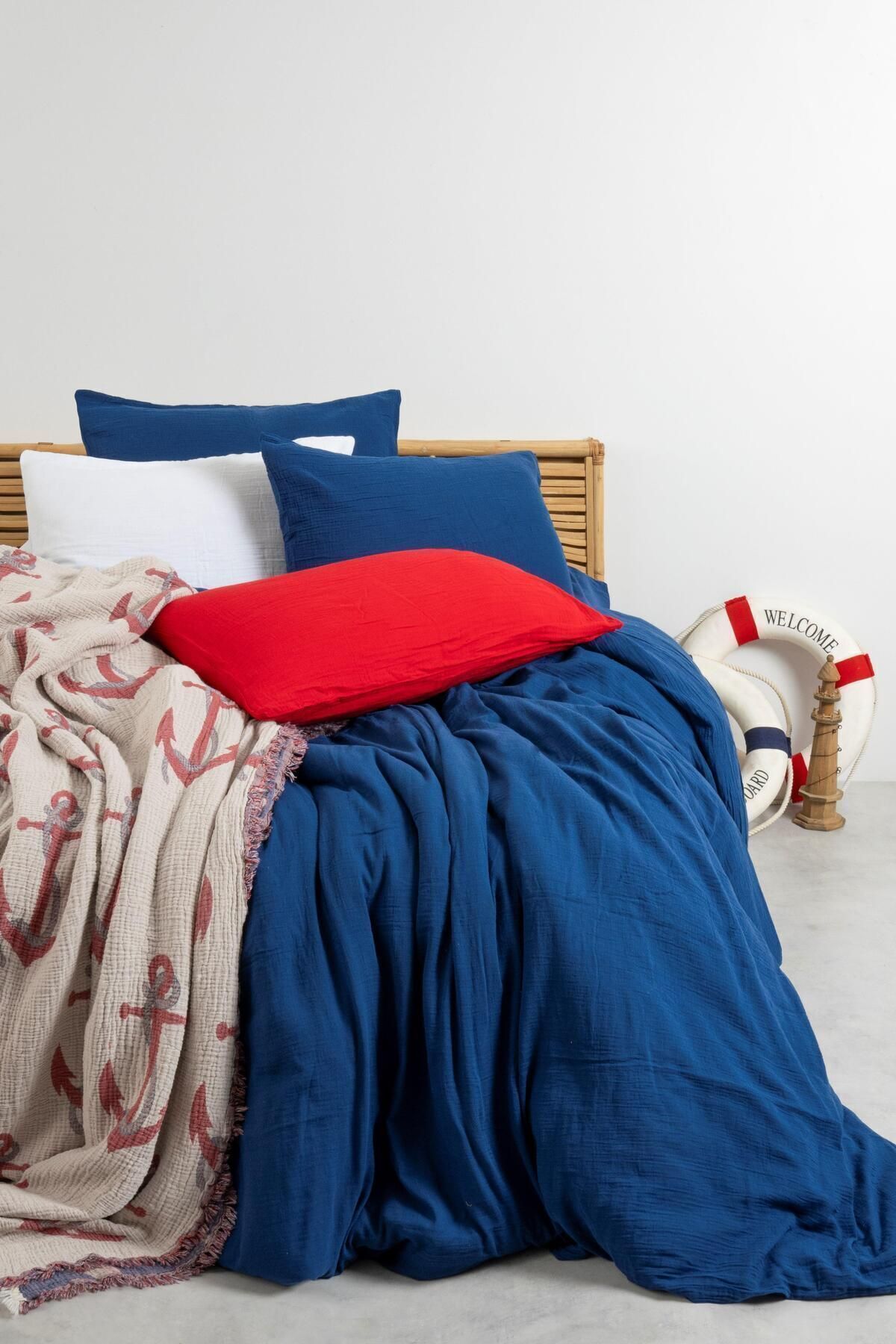 Müslin Antrasit Çift Kişilik Nevresim Seti | Nevresim,yastık Kılıfı,lastikli Çarşaflı | - lacivert