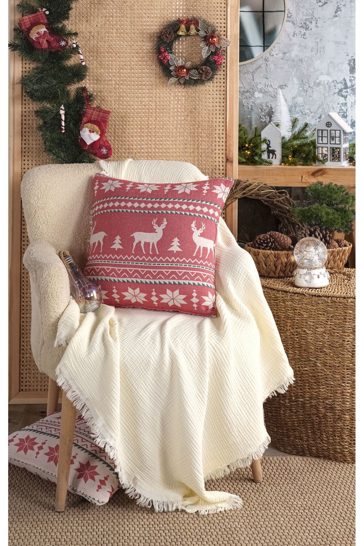 Mylasahome %100 Pamuk Yılbaşı Kırmızı Kırlent Fermuarlı 45x45cm