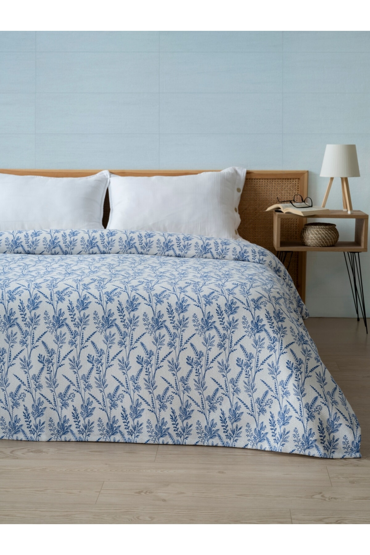 Baskılı Tek Kişlik Pike Yatak Örtüsü -Pamuk,Tek Kişilik Pike 160x240 cm) - mavi