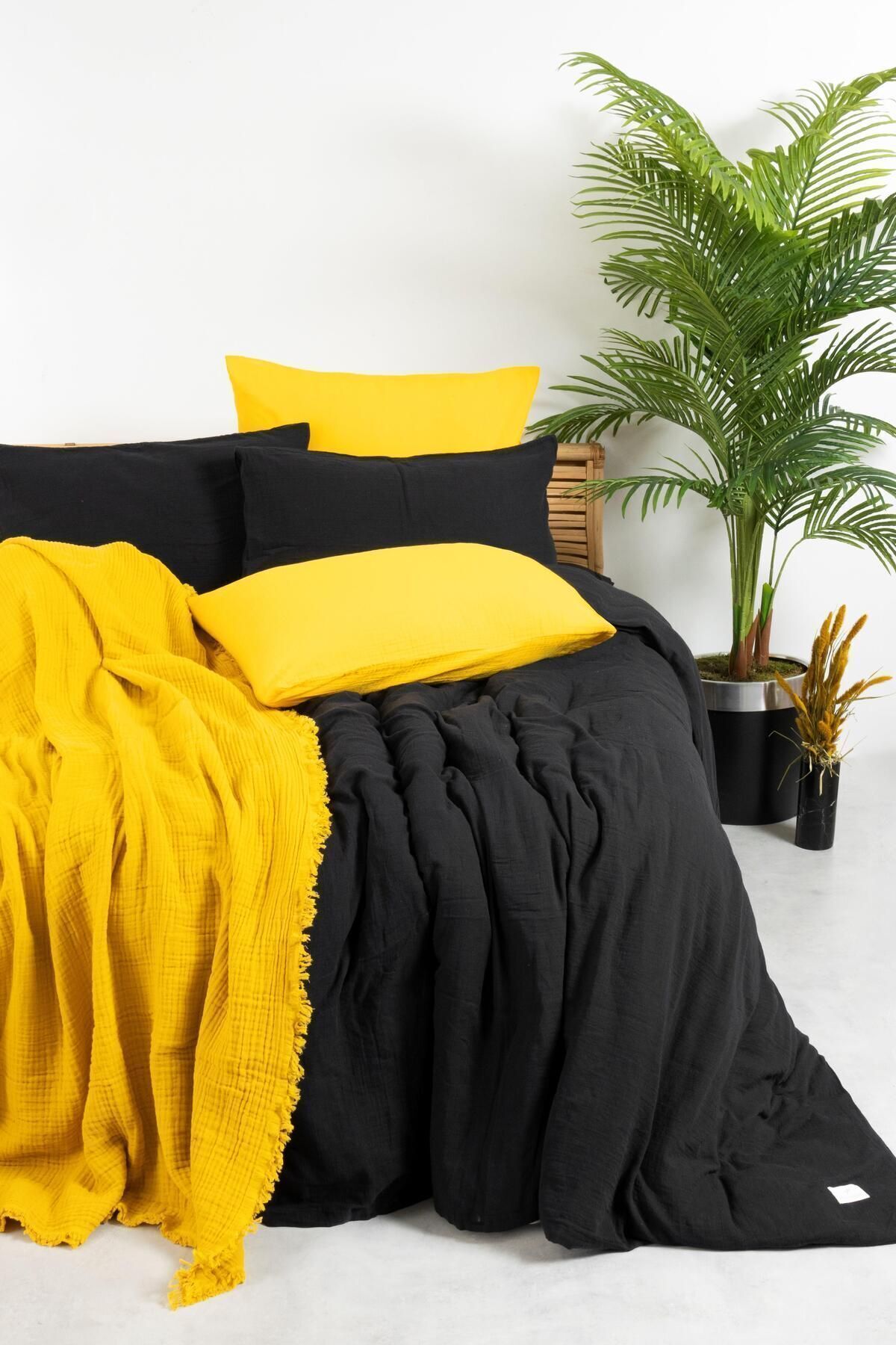 Müslin Antrasit Çift Kişilik Nevresim Seti | Nevresim,yastık Kılıfı,lastikli Çarşaflı | - siyah