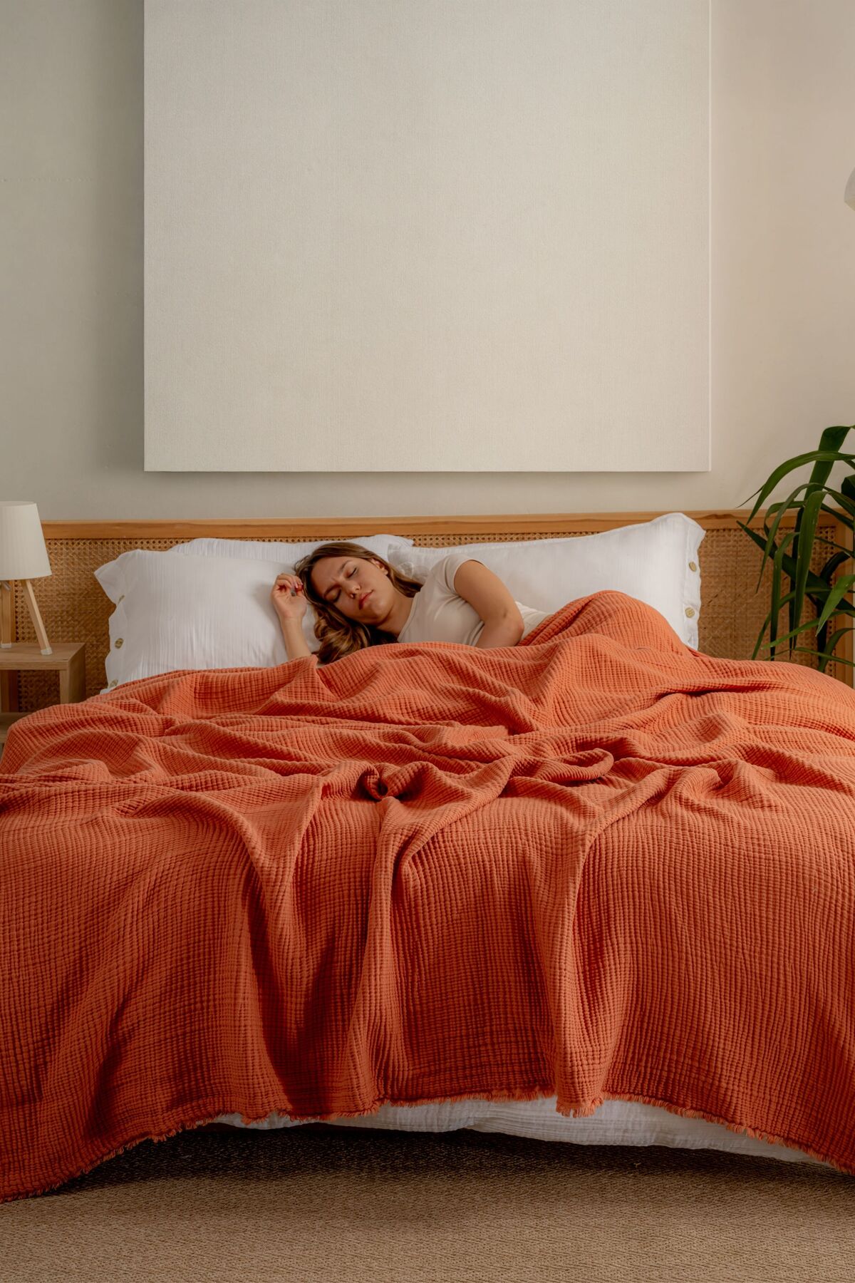 Müslin Yatak Örtüsü Ultra Yumuşak Yüksek Kaliteli 4 Kat Muslin Pike (Tek Kişilik (180x240 cm) - kiremit