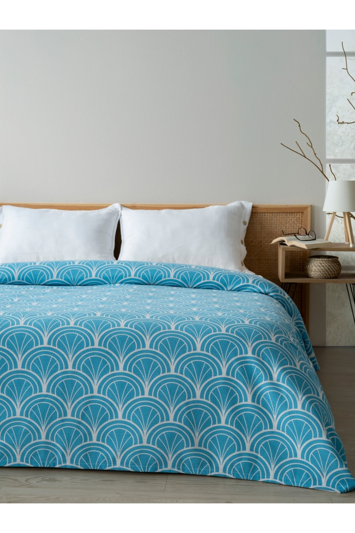 Baskılı Tek Kişlik Pike Yatak Örtüsü -Pamuk,Tek Kişilik Pike 160x240 cm) - turkuaz