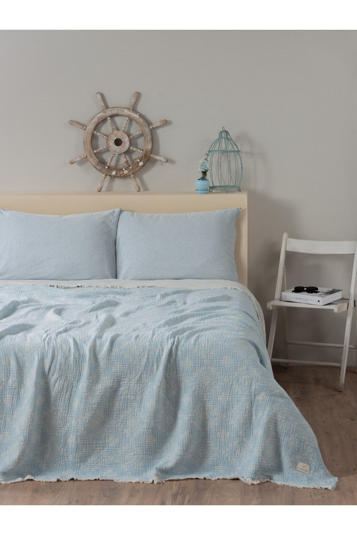 Müslin 4 Katlı Aztec Desenli (Jakarlı) Çift Kişilik Yatak Örtüsü-Yazlık Pike 220x240cm