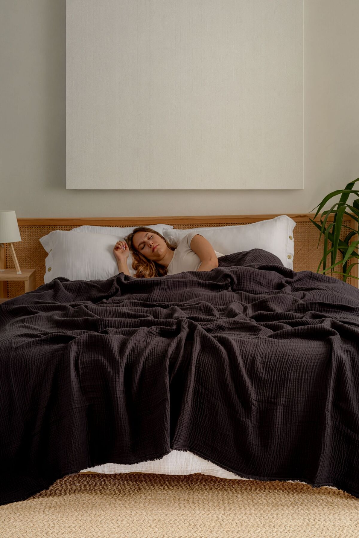 Müslin Yatak Örtüsü Ultra Yumuşak Yüksek Kaliteli 4 Kat Muslin Pike (Tek Kişilik (180x240 cm) - siyah