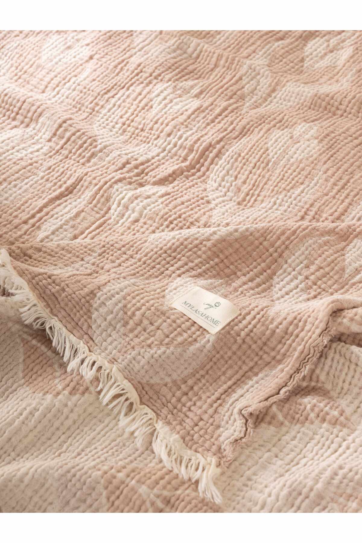 Çift Kişilik Küçük Yaprak Desenli %100 Organik Pamuk Müslin Yatak Örtüsü