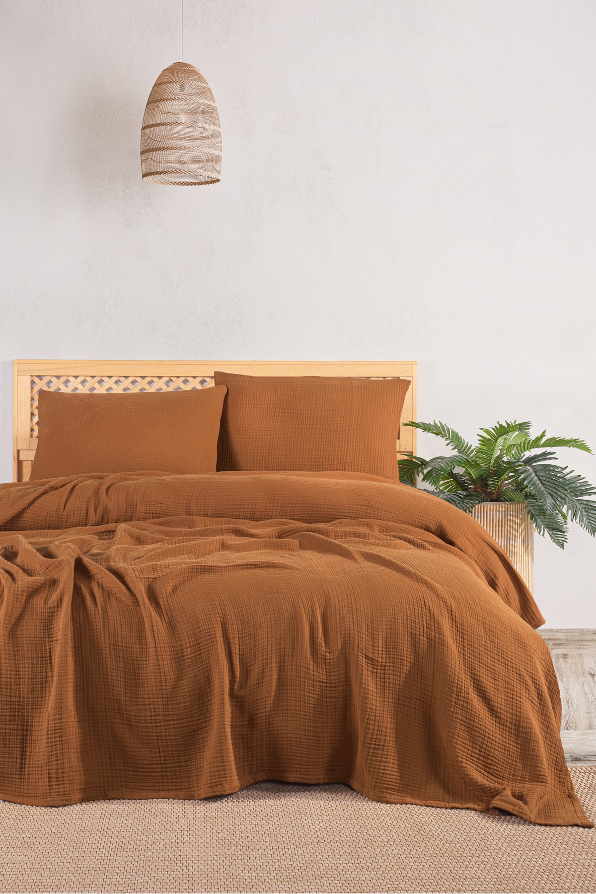 4 Katlı Müslin Çift Kişilik Yatak Örtüsü Seti-230x250 Cm,yazlık Pike & Yastık Kılıfı (3 PARÇA)-bej - camel