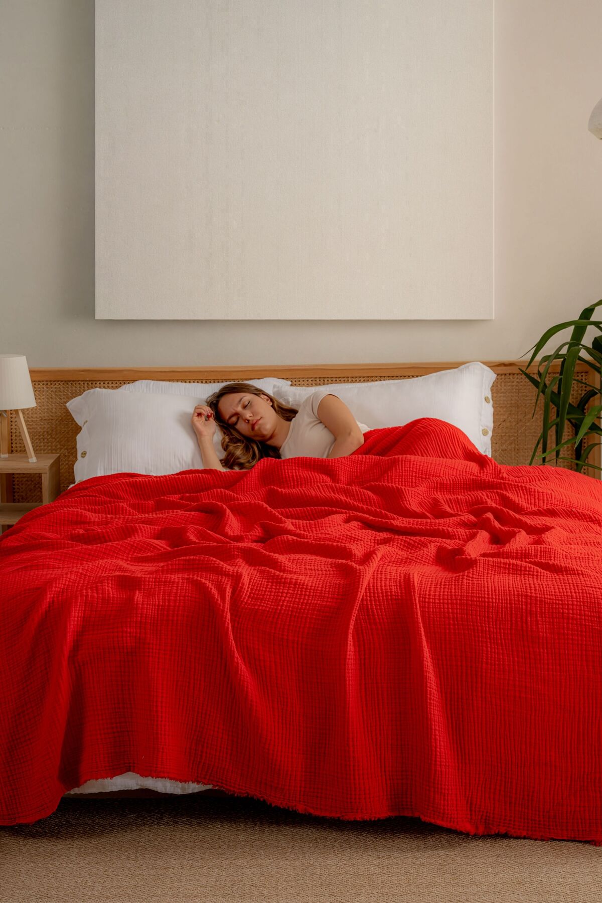 Müslin Yatak Örtüsü Ultra Yumuşak Yüksek Kaliteli 4 Kat Muslin Pike (Tek Kişilik (180x240 cm) - kırmızı