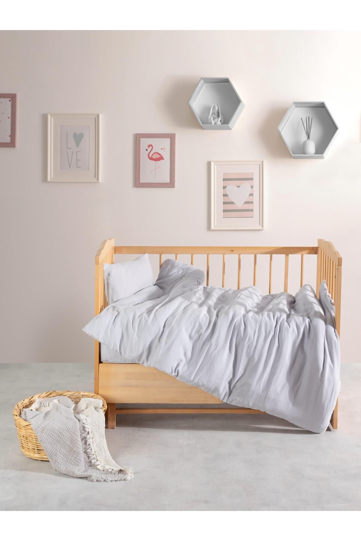 Müslin %100 Doğal Pamuk Gri Bebek Nevresim Seti 100 X 150cm - gri