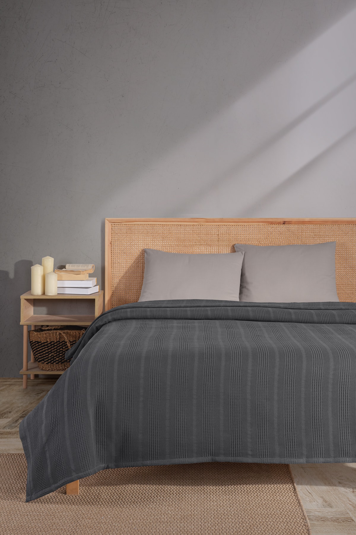 Çift Kişilik Pamuklu Yatak Örtüsü / Pike - 200x230 Cm-antrasit - antrasit