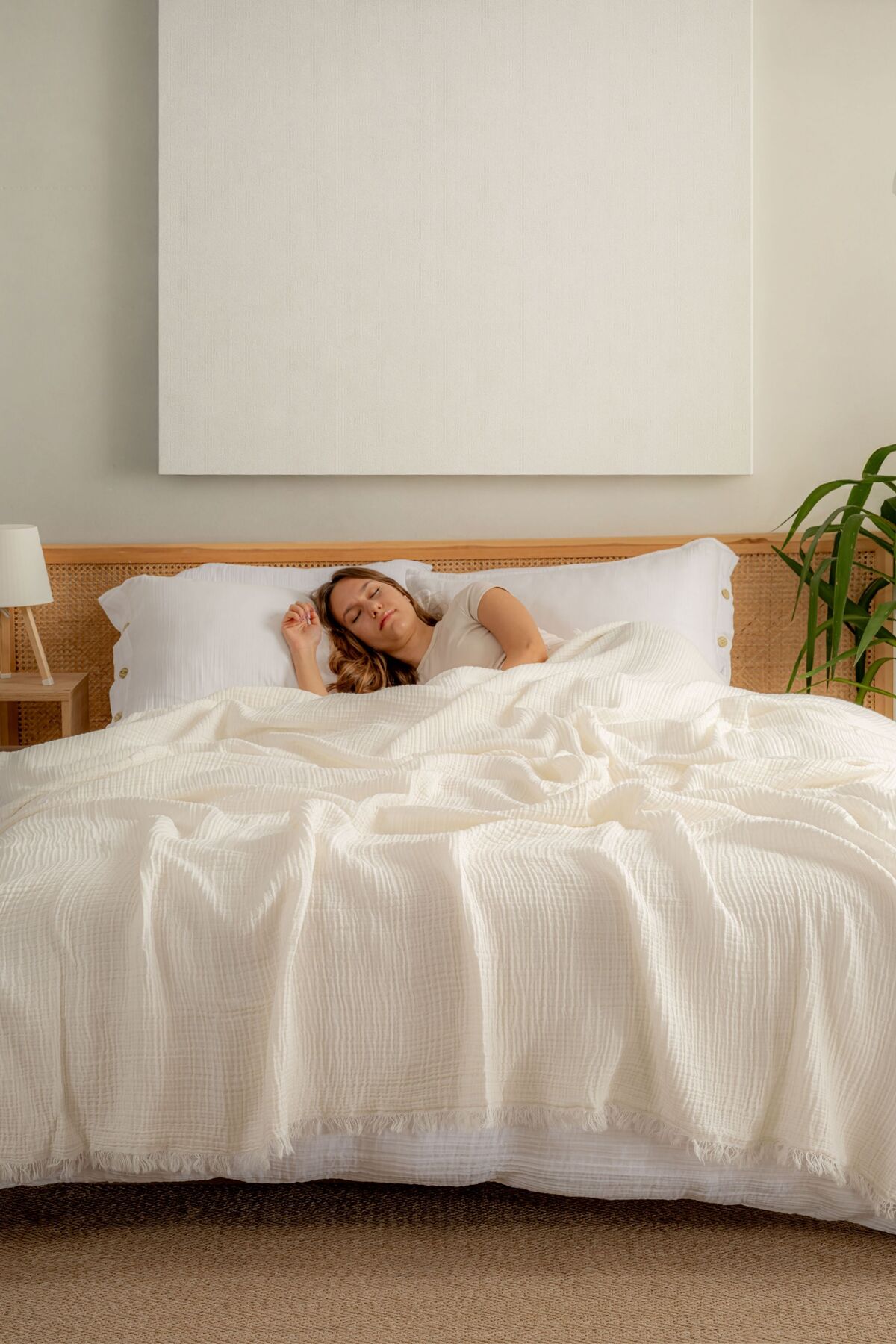 Müslin Yatak Örtüsü Ultra Yumuşak Yüksek Kaliteli 4 Kat Muslin Pike (Tek Kişilik (180x240 cm) - krem