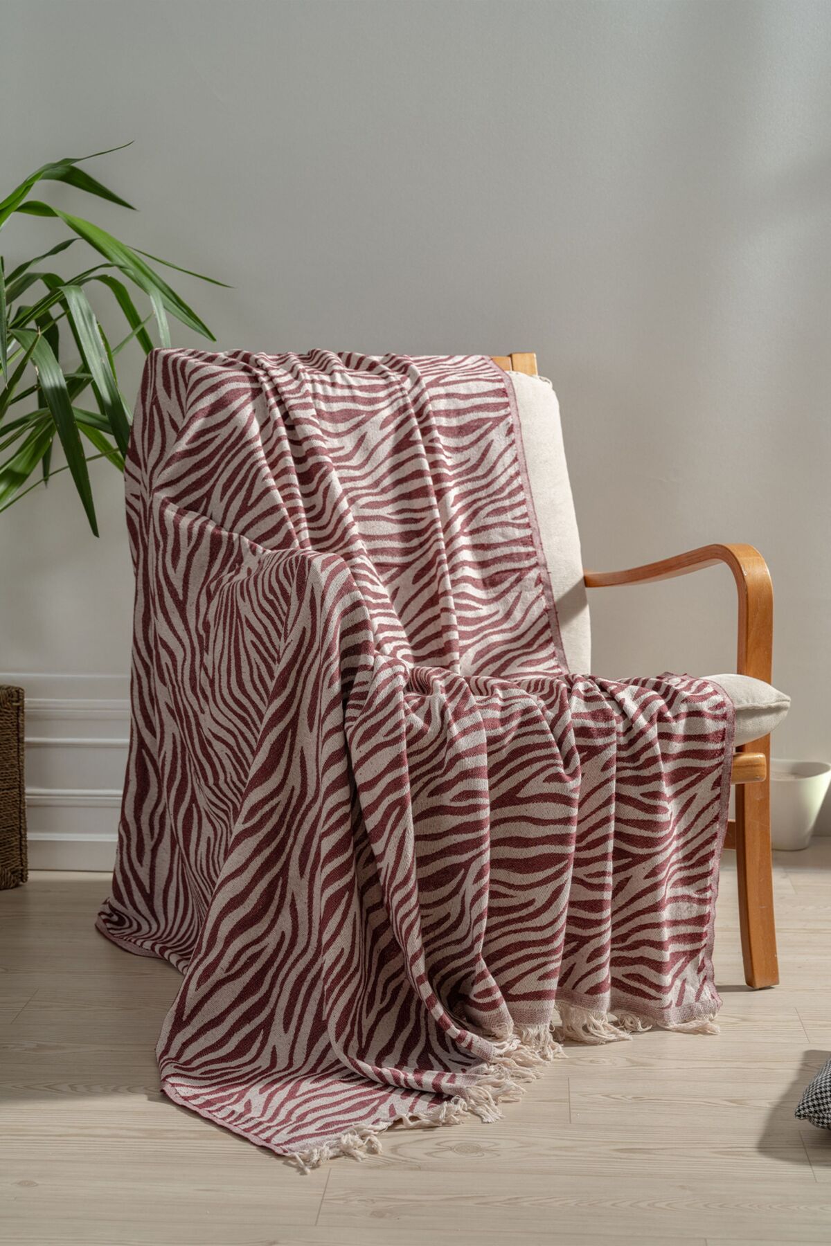 100% Pamuklu Koltuk Şalı TV Battaniyesi,130x170 cm Yüksek Kaliteli Pamuklu Kumaş - bordo-zebra