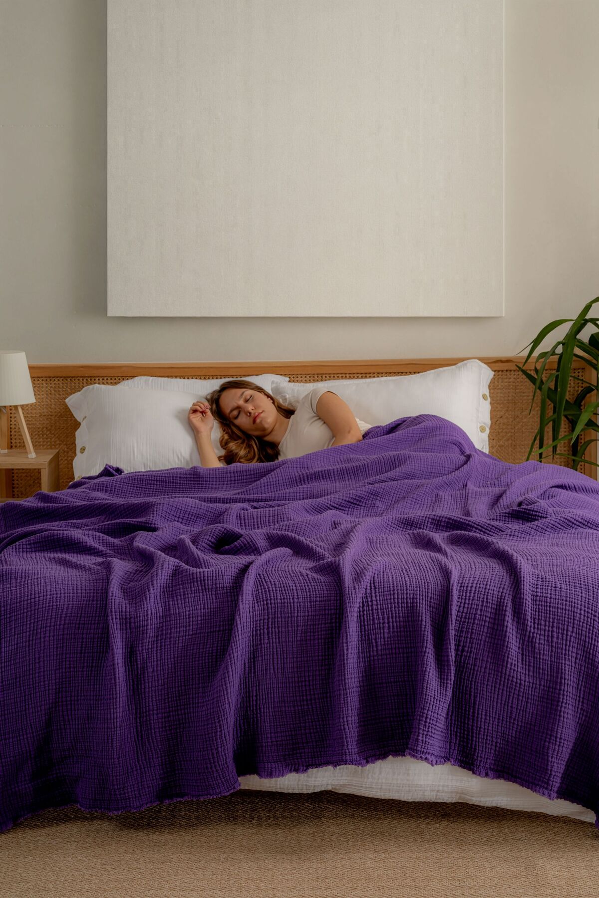 Müslin Yatak Örtüsü Ultra Yumuşak Yüksek Kaliteli 4 Kat Muslin Pike (Tek Kişilik (180x240 cm) - mor