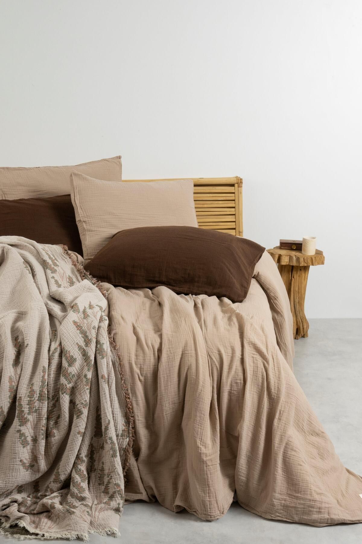 Müslin Antrasit Çift Kişilik Nevresim Seti | Nevresim,yastık Kılıfı,lastikli Çarşaflı | - krem