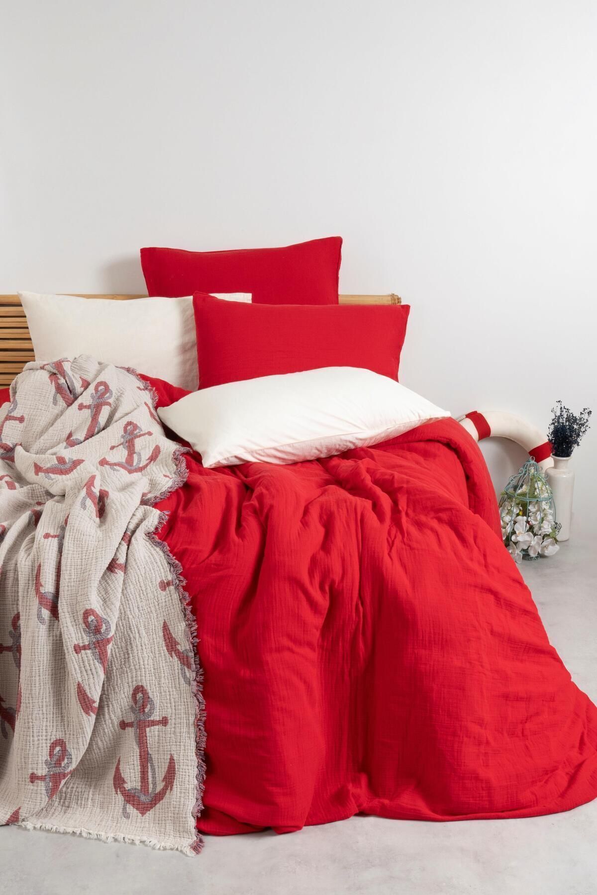Müslin Antrasit Çift Kişilik Nevresim Seti | Nevresim,yastık Kılıfı,lastikli Çarşaflı | - kırmızı