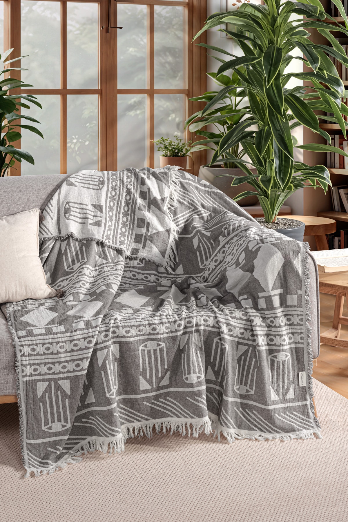 %100 Pamuk Bohem Temalı Çok Amaçlı Müslin Throw 130 X 170 - siyah