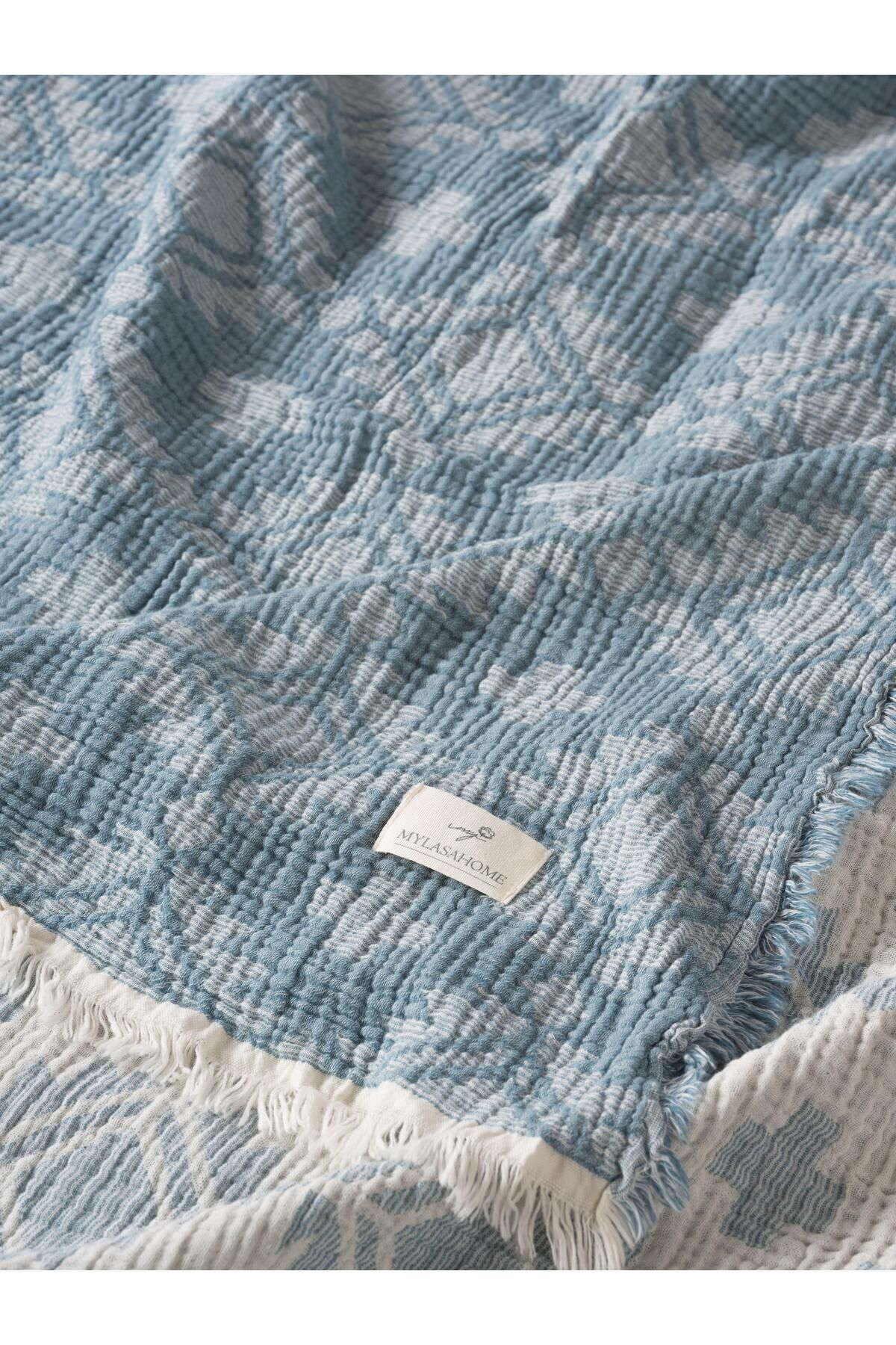 Müslin 4 Katlı Aztec Desenli (Jakarlı) Çift Kişilik Yatak Örtüsü-Yazlık Pike 220x240cm