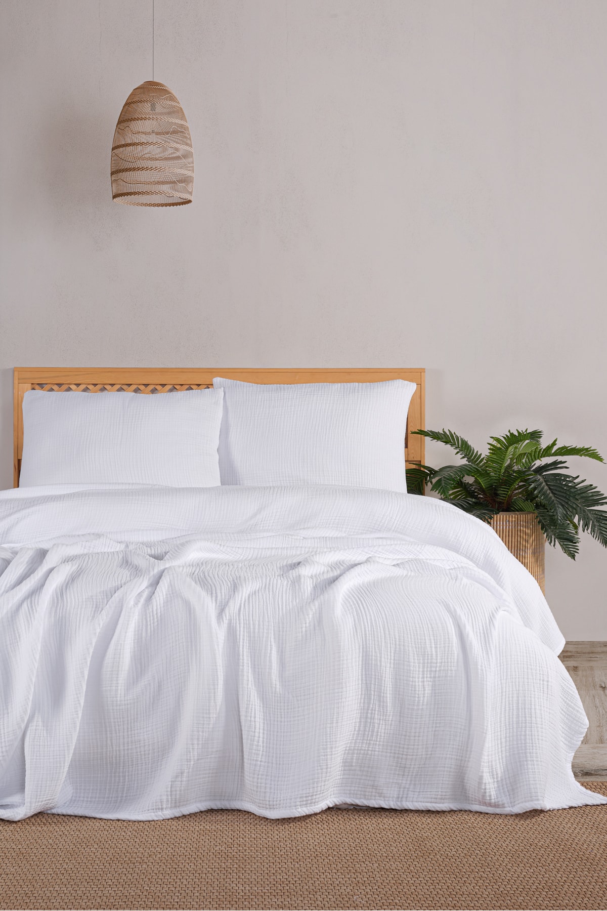 4 Katlı Müslin Çift Kişilik Yatak Örtüsü Seti-230x250 Cm,yazlık Pike & Yastık Kılıfı (3 PARÇA)-bej - beyaz