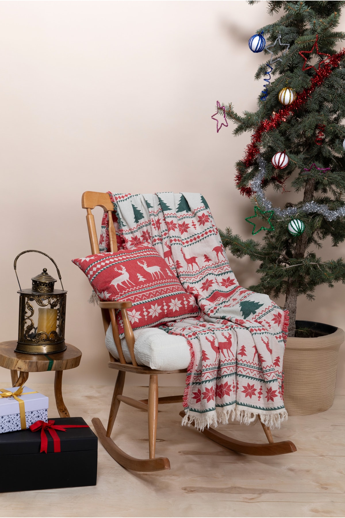 %100 Pamuk Yılbaşı Throw & Yılbaşı Kırlent Seti - kırmızı