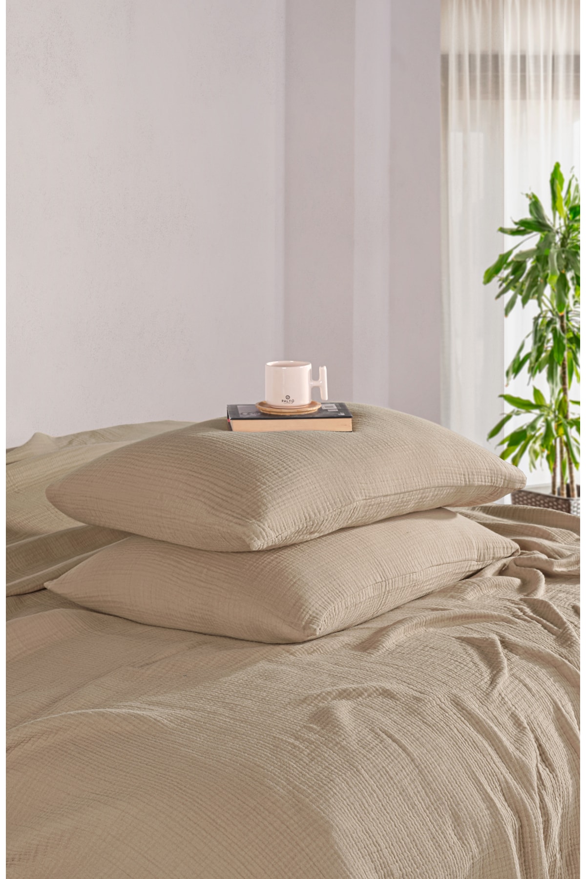 4 Katlı Müslin Çift Kişilik Yatak Örtüsü Seti-230x250 Cm,yazlık Pike & Yastık Kılıfı (3 PARÇA)-bej