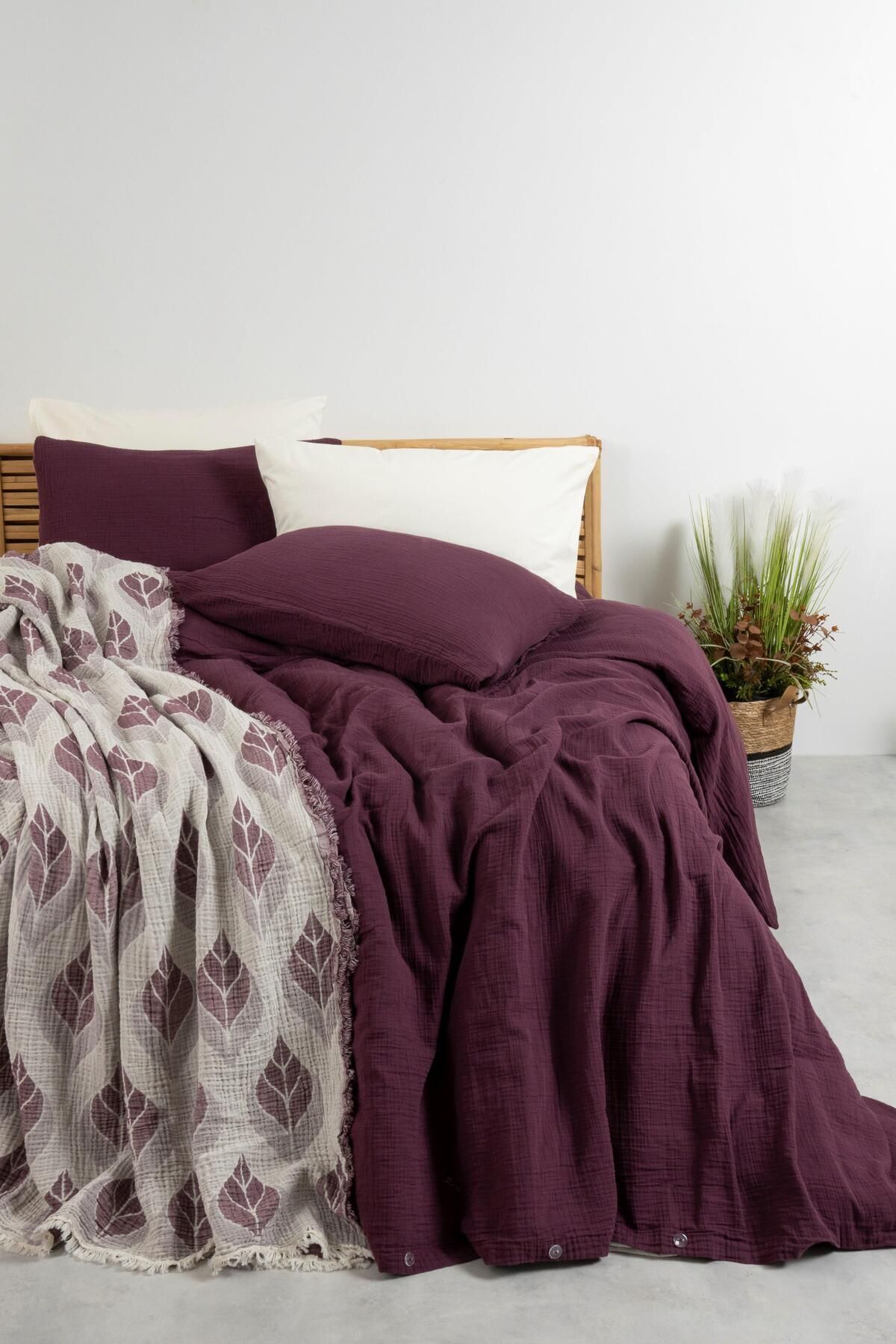 Müslin Antrasit Çift Kişilik Nevresim Seti | Nevresim,yastık Kılıfı,lastikli Çarşaflı | - mor